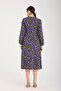 Navy Blue Yellow Floral Patterned Large Size Long Sleeve Women's Dress - 4