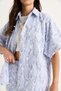 Women's Blue White Striped Oversize Fringed Shirt Pocket Detail Elastic Waist Shorts Set Dt251021 60283390 - 7