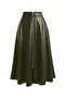 Women's Khaki Faux Leather Mevlana Skirt, Long, Front Zippered, Everyday & Evening Elegance - 5
