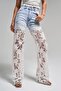 Women's Denim Color 12S5-100 Lace Jeans Double Piece Straight Fit Lace Detailed Design Denim Jean