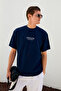 Italia Men's 100% Organic Cotton Front Back Print Detailed Oversize Short Sleeve Navy Blue T-Shirt - 4