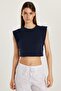 Women's Slim Fit Slim Fit Zero Sleeve Crew Neck Navy Blue Blouse - 4
