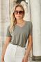Women's Silky Modal Combed Cotton Stretchy Fabric V-Neck Off-Shoulder Short Sleeve T-Shirt Blouse-Khaki