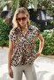 Women's Collared Off-Shoulder Short Sleeve Stylish Shirt-Beige Leopard