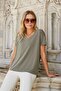 Women's Silky Modal Combed Cotton Stretchy Fabric V-Neck Off-Shoulder Short Sleeve T-Shirt Blouse-Khaki - 3