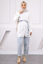 Light Blue Waist Belted Jeans Garnished Tunic Trousers Suit