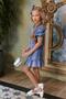 Girl's Blue Denim Dress with Diamond Heart Embroidered Balloon Sleeves and Chest Slit Detail - 3