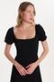 Women's Standard Fit Short Sleeve Elastic Square Neck Slit Black Dress - 2