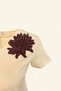 Burgundy Flower Embroidered Cream Color V-collar T-shirt - 5