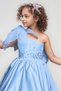 Girl's Blue Evening Dress with Pearl Embellished Bust, One Shoulder, Transparent Straps, and Puffy Skirt - 3