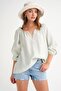 4707 Women's Gathered Collar Sleeve Elastic Loose Muslin Blouse Sage - 2