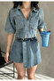 Women's Denim Jeans Blouse and Denim Shorts Skirt Set - 5