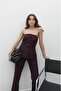 Plum Coated Button Strapless Trousers Suit - 3