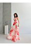 Red Patterned Strap Lined Organza Evening Dress - 2