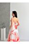 Red Patterned Strap Lined Organza Evening Dress - 4