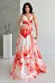 Red Patterned Strap Lined Organza Evening Dress