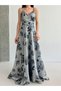 Gray Patterned Strap Lined Organza Evening Dress - 4