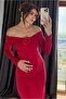 Madonna Collar Rose Detailed Stretchy Long Dress-Red - 5