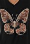 Women's Black V-Neck Butterfly Pattern Sequin and Embroidery Embroidered 100% Cotton T-Shirt - 2