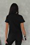 Women's Black V-Neck Butterfly Pattern Sequin and Embroidery Embroidered 100% Cotton T-Shirt - 6