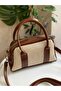 Leather Women's Hand and Shoulder Bag with Canvas Detail - 2