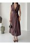 Brown Double-Breasted Collar Buttoned Slit Tencel Dress - 5