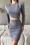 Gray Low-Cut Long Sleeve Padded Imported Crepe Fabric Dress - 2