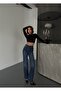 Women's Stone-Embellished Dark Blue High-Waisted Palazzo Jeans