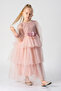 Long Sleeve Tulle Layered Skirt Beaded Evening Dress - 2