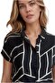 Women's Black White Geometric Short Sleeve Bat Button Shirt - 4