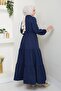 Women's Ruffle Detail Buttoned Navy Linen Dress - 6