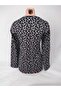 Women's Black White U Neck Long Sleeve Patterned Slit Woven Viscose Mother Combed Cotton T-Shirt - 3