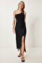 Women's Black Single Shoulder Strap Stretchy Knitted Dress Pb00030 - 2