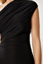 Women's Black Gathered Saran Mini Sandy Dress Li̇00123 - 4
