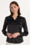 Women's Relax Fit Comfortable Cut Satin Fabric Black Square Cuff Plain Shirt - 2