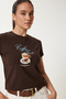 Women's Brown Printed Knitted T-Shirt Ub00388 - 2