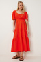 Women's Dark Orange Flounced Midi Linen Dress Fk00013 - 2