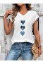 Women's Heart Printed V-Neck Loose Oversize T-Shirt - 4