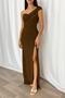 Brown Women's One Shoulder Slit Detail Crepe Fabric Maxi Length Dress