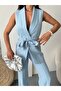 Women's Shawl Collar Belted Vest Palazzo Pants Suit - 7