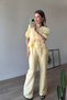 Yellow Lace-Up Blouse Wide Leg Muslin Trousers Set - 3