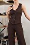 Women's Light Brown Seersucker Fabric Buttoned Vest and Wide Leg Pants Set – Modern, Stylish and Comfortable 4707 - 3