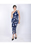 Women's Blue Patterned One Shoulder Draped Midi Length Tulle Dress - 7