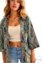 Women's Linen Oversize Green Shawl Pattern Loose Turn-Down Collar Kimono