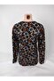 Women's Black Orange U-Neck Long Sleeve Patterned Slit Woven Viscose Mother Combed Cotton T-Shirt - 3