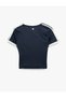 Short Sleeve Crew Neck Window Detailed Striped Sports T-Shirt - 4