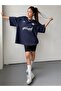 Fantastic Single Jersey T-shirt - Navy Blue Printed Oversize Crew Neck Short Sleeve T-Shirt - 4