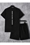 King Back Text T-Shirt Shorts - Black Bottom Top Combination Shorts T-Shirt Set Printed Oversize Crew Neck