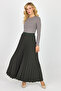 Khaki Color Maxi Length Pleated Skirt with Elastic Waist - 2