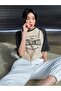 Wonderful Mood Single Jersey Crop T-Shirt - Beige White Printed Oversize Crew Neck T-Shirt - 7